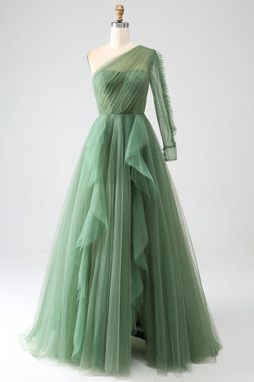Verde scuro A-Line One-Shoulder abiti lunghi da ballo con maniche lunghe